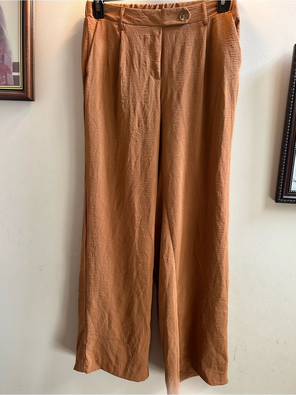 Wide Leg Linen-Blend Pants in Rust with Elastic Waistband